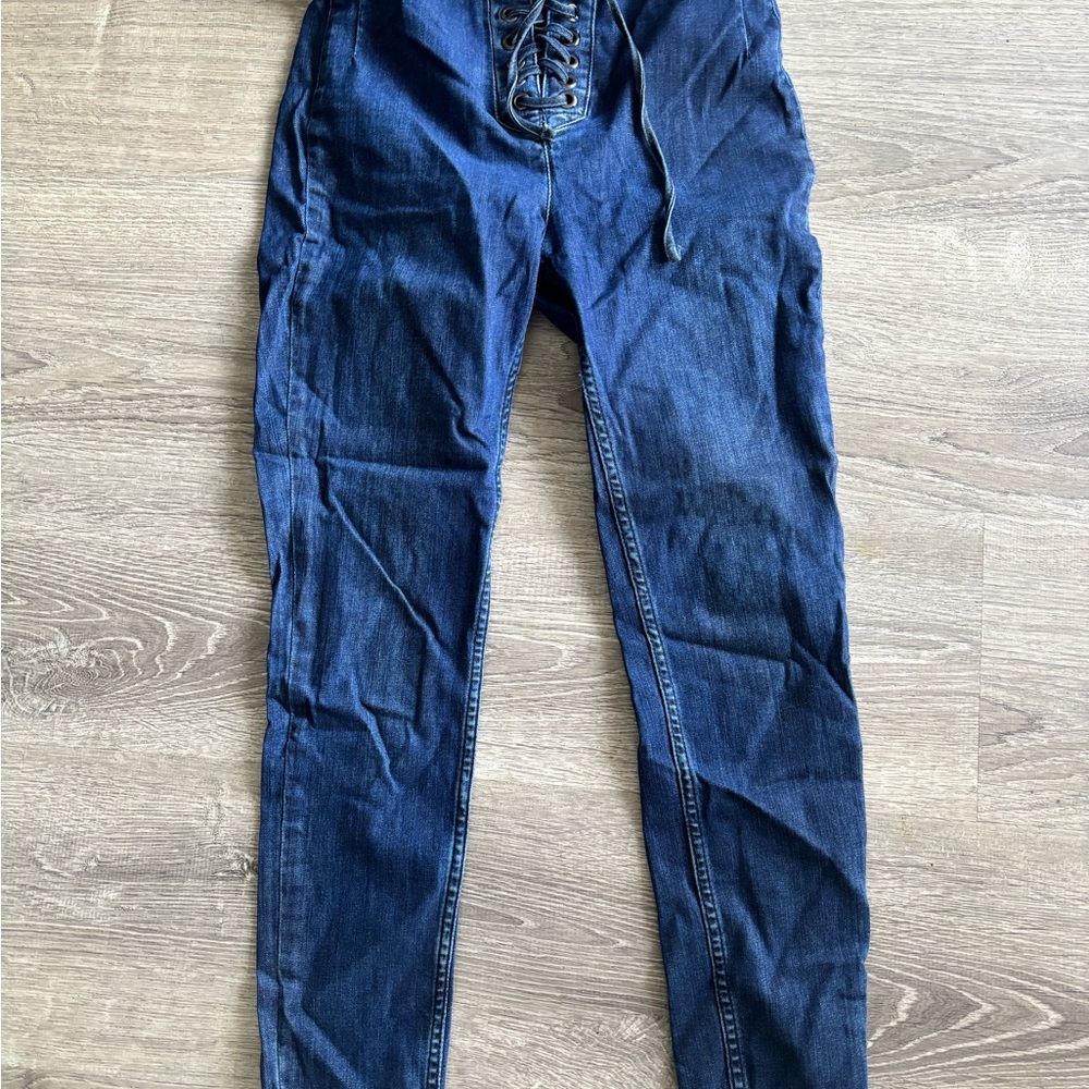 Free People | Dark Wash Lace Up Skinny Jeans size 28